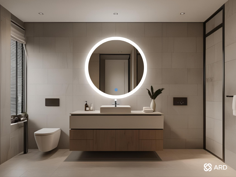 Espejo con luz led para baño redondo 90 cm ARD modelo Halo en baño minimalista moderno