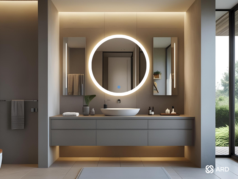 Espejo ARD touch led para baño redondo 90 cm en baño moderno minimalista