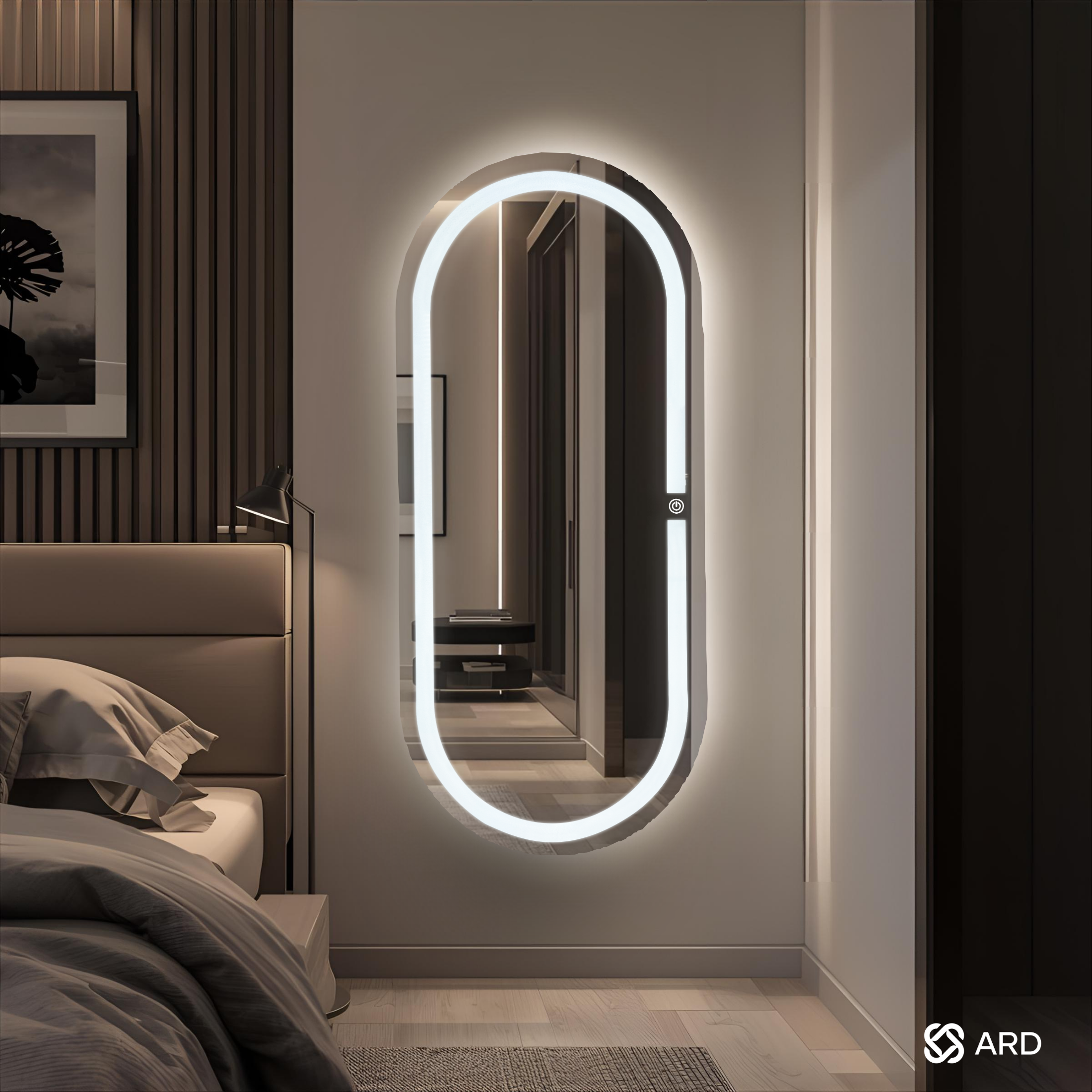 Espejo ARD de cuerpo completo con encendido touch modelo oval elegance en recamara minimalista elegante