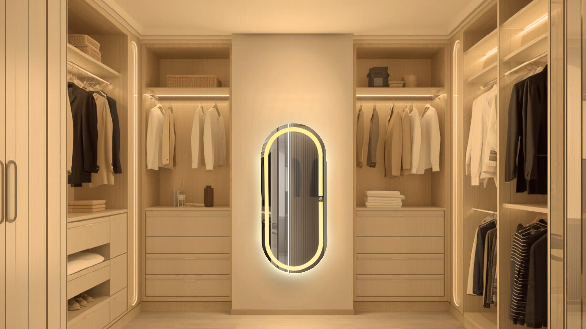 Espejo de cuerpo completo ovalado ARD 120x52 en vestidor minimalista con luz calida