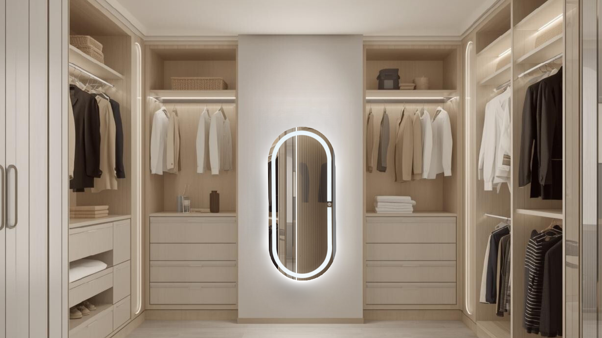 Espejo de cuerpo completo ovalado ARD 120x52 en vestidor minimalista con luz fria