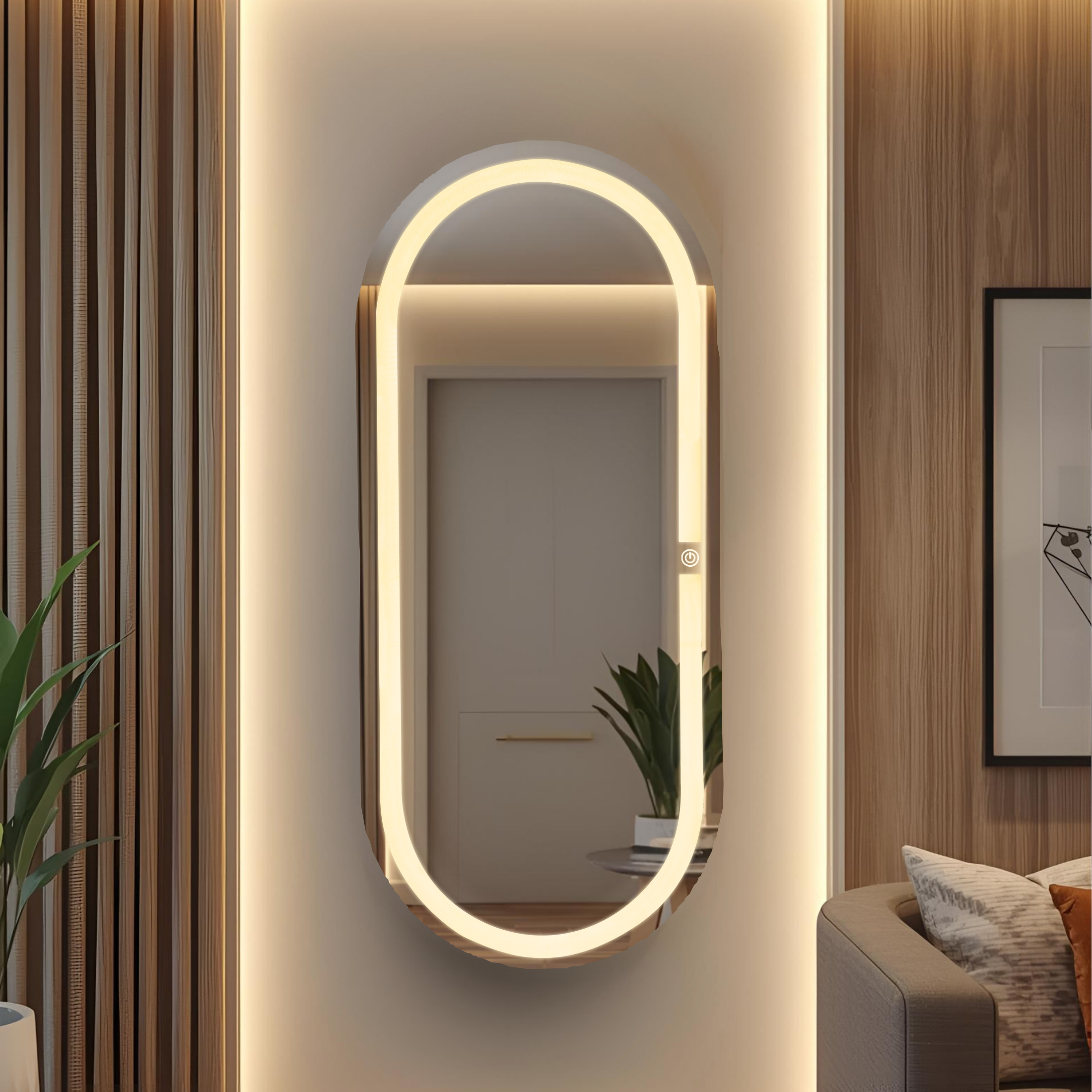 Espejo de cuerpo completo con luz led ARD Oval elegance en recamara de hotel de lujo