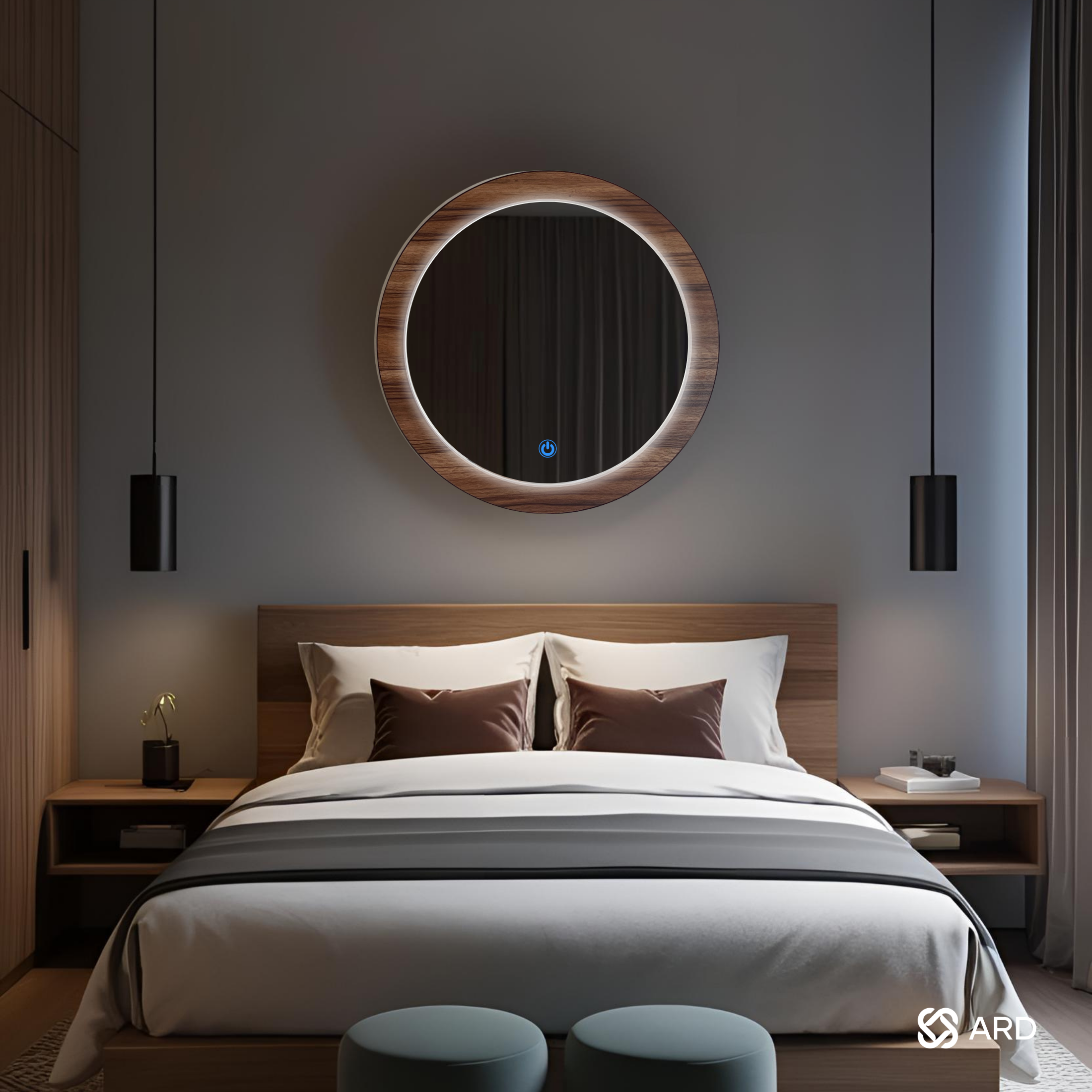 Espejo decorativo con luz LED ambiental y marco de madera redondo 60 cm | ARD