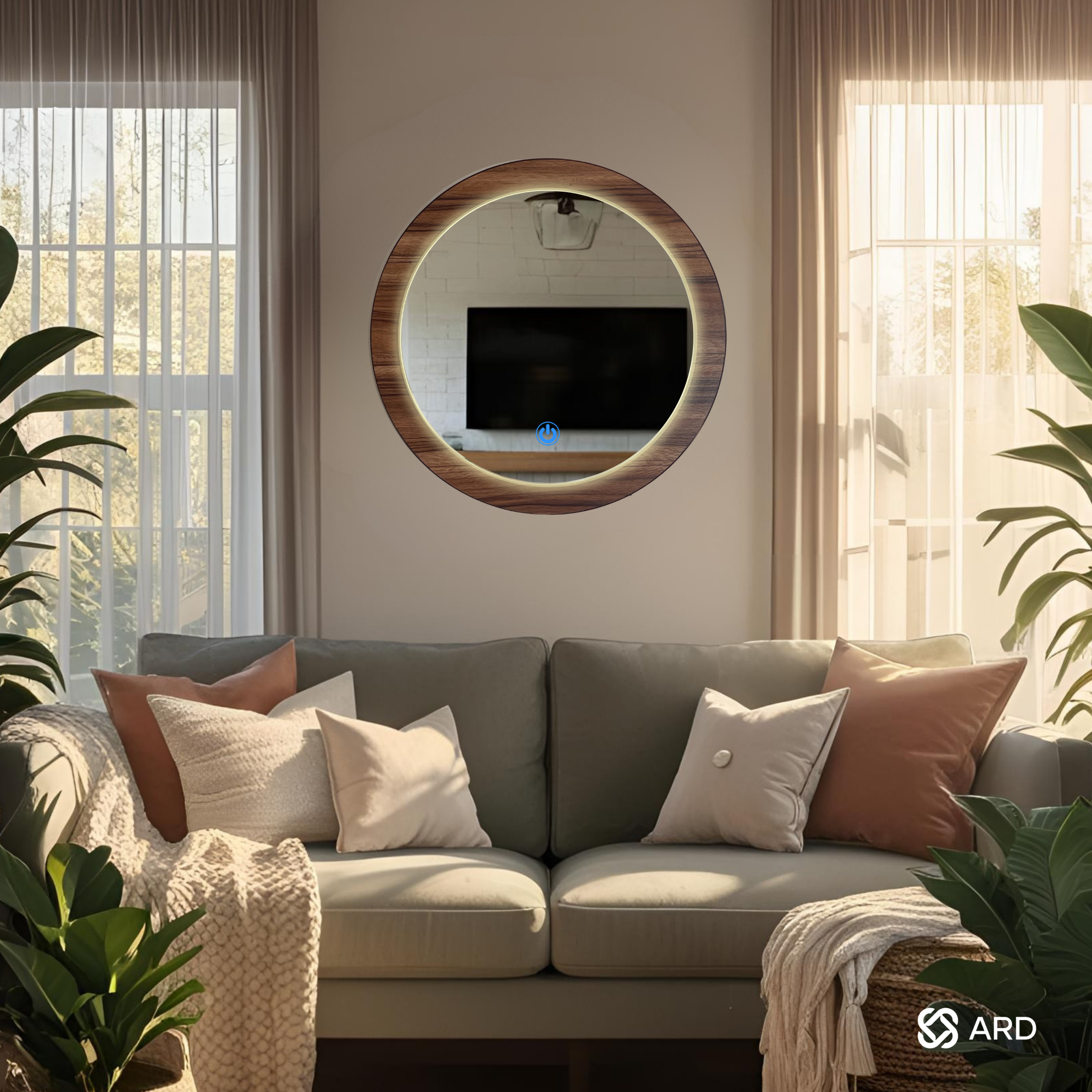 Espejo decorativo con luz LED ambiental y marco de madera redondo 60 cm | ARD
