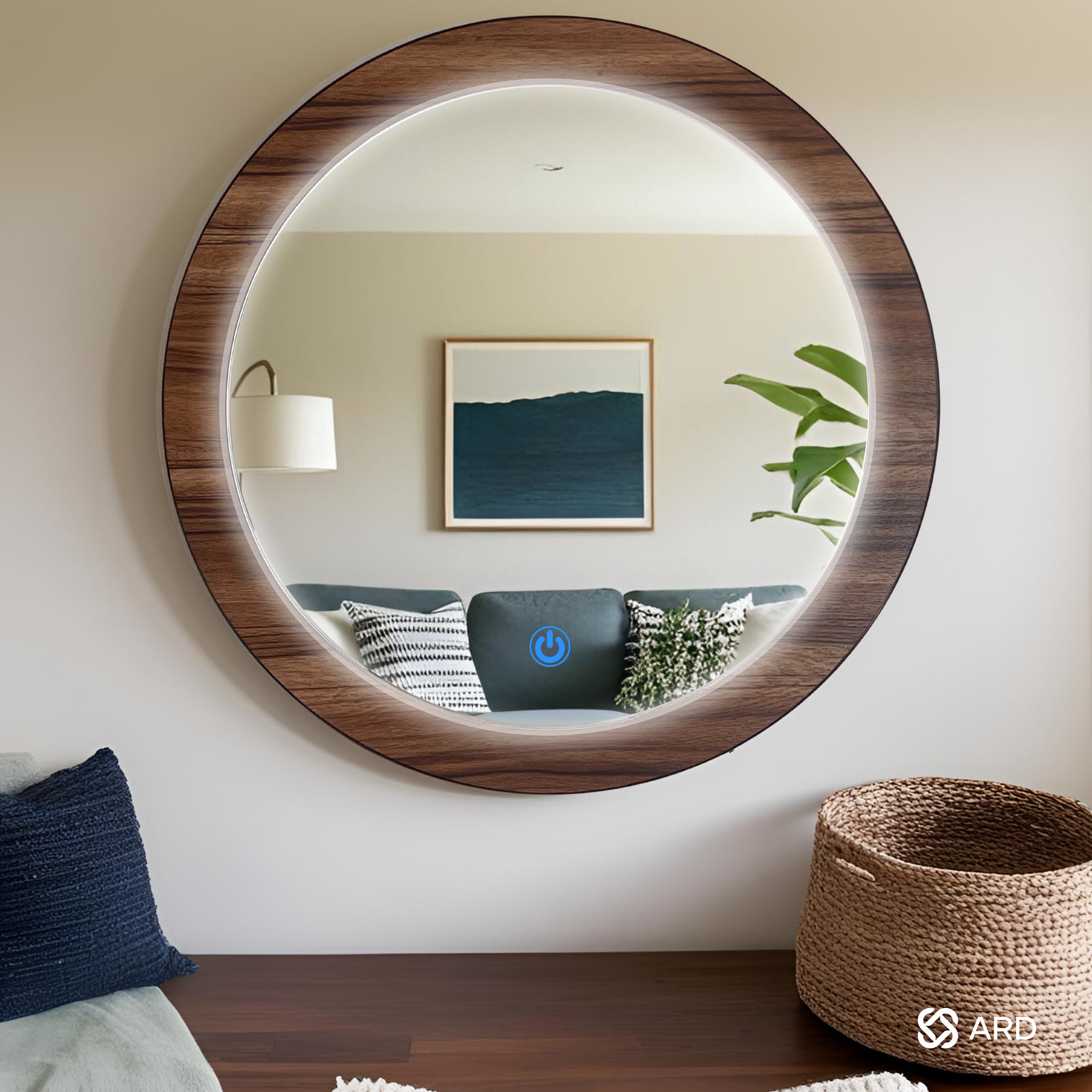 Espejo decorativo con luz LED ambiental y marco de madera redondo 60 cm | ARD