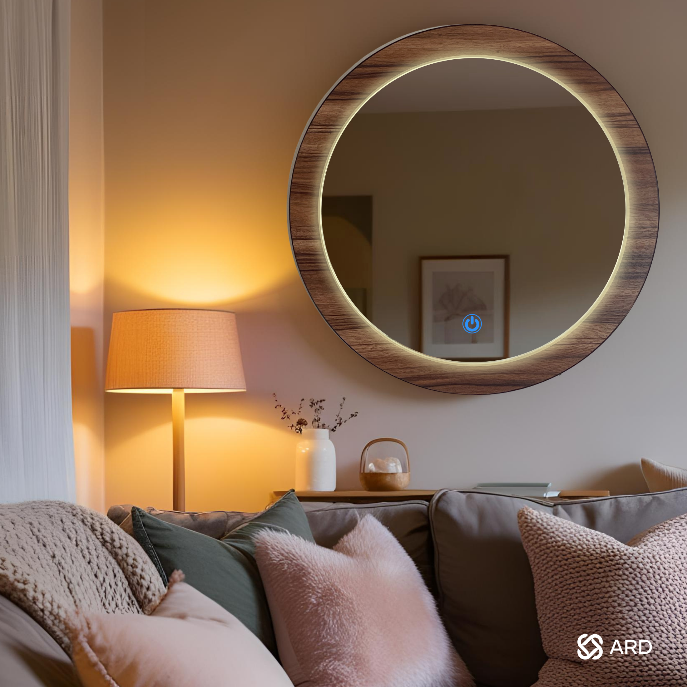 Espejo decorativo con luz LED ambiental y marco de madera redondo 60 cm | ARD