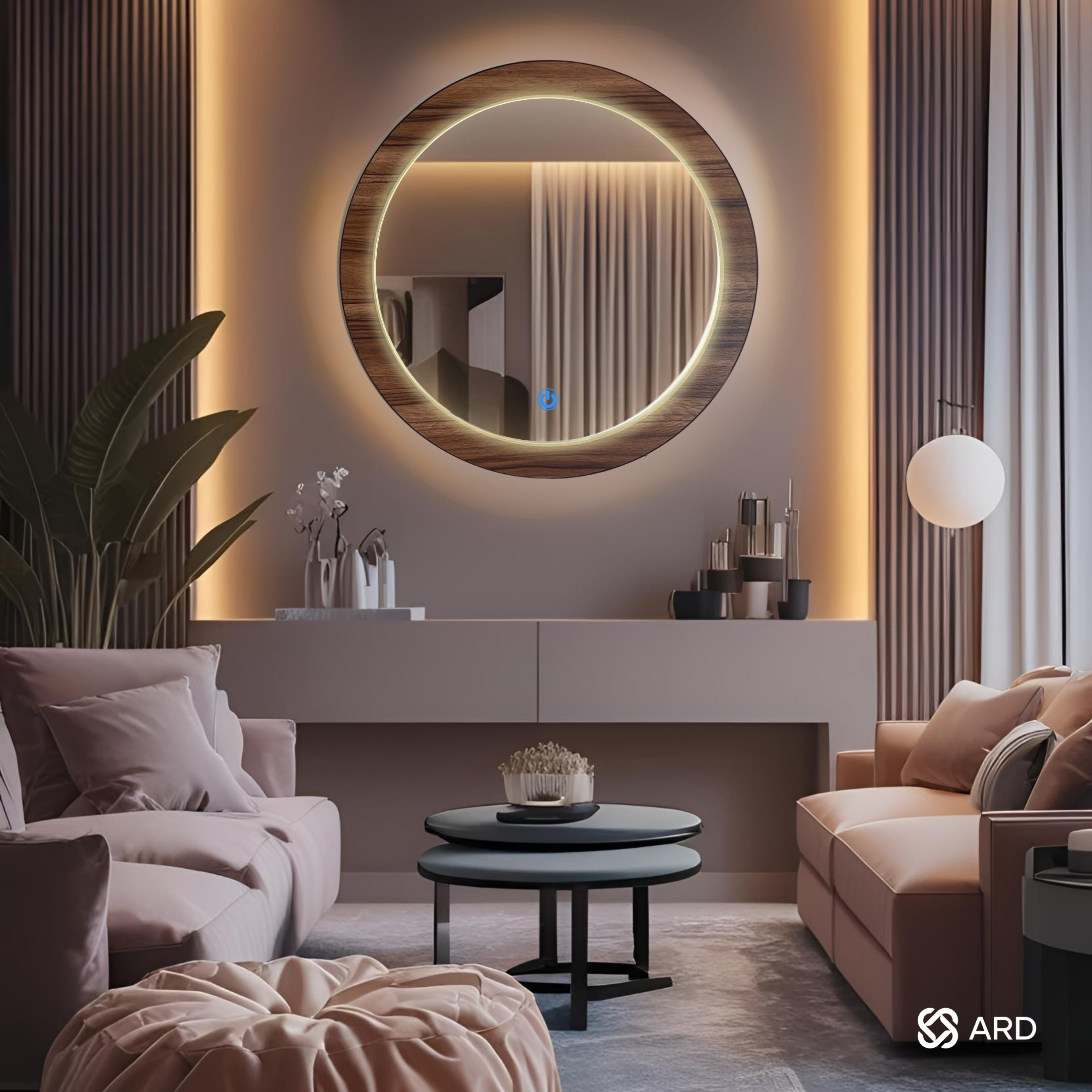 Espejo decorativo con luz LED ambiental y marco de madera redondo 60 cm | ARD