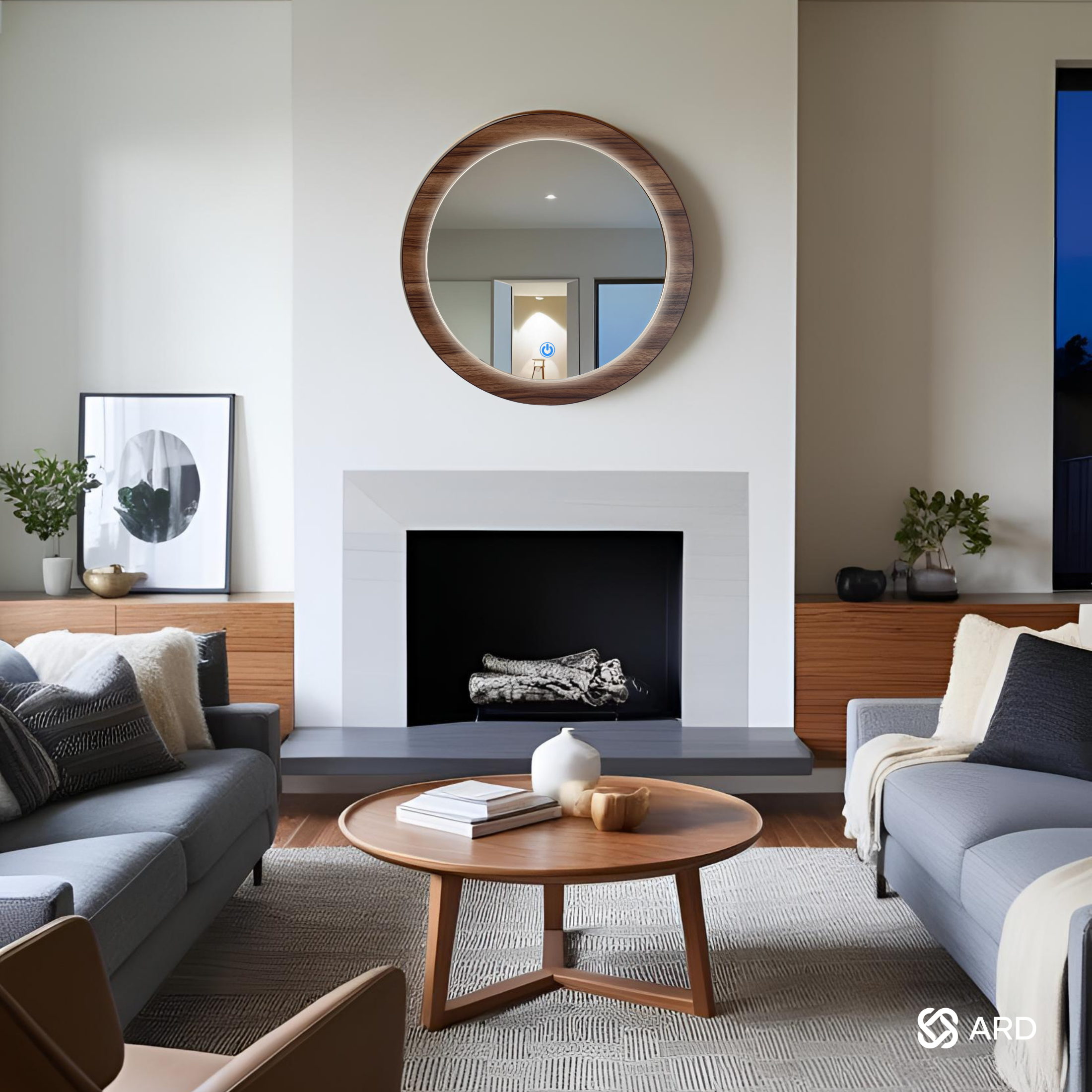 Espejo decorativo con luz LED ambiental y marco de madera redondo 60 cm | ARD