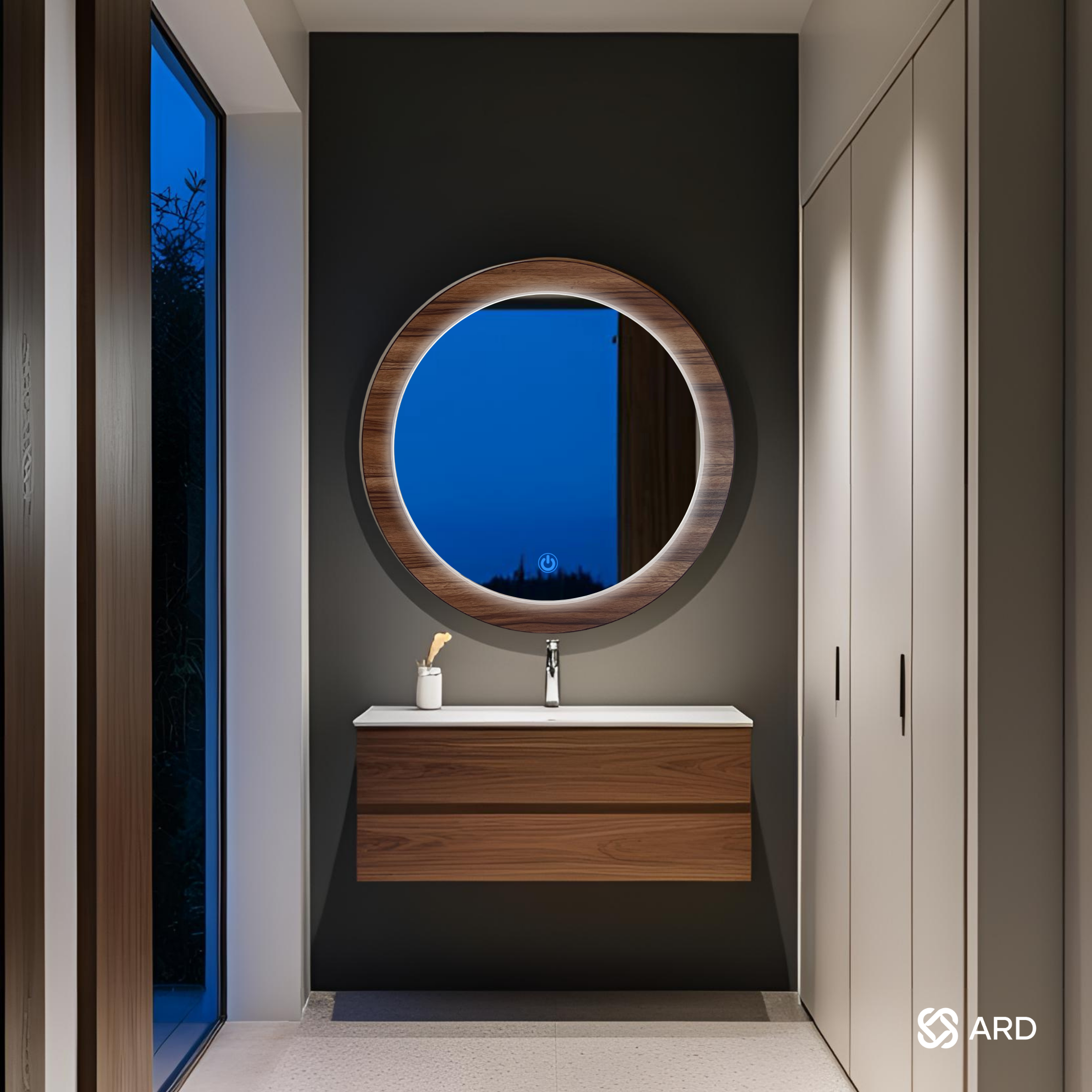 Espejo decorativo con luz LED ambiental y marco de madera redondo 60 cm | ARD