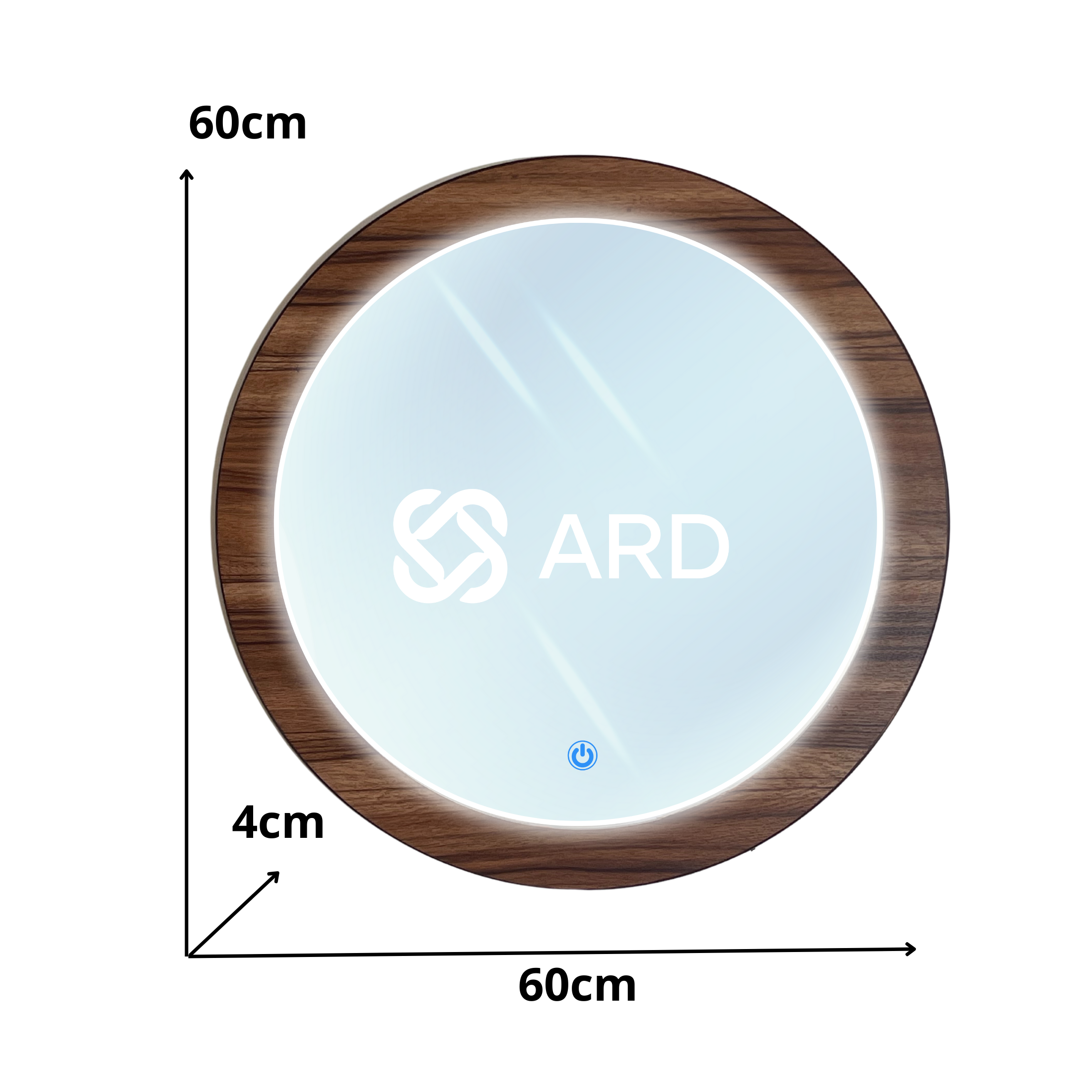 Espejo decorativo con luz LED ambiental y marco de madera redondo 60 cm | ARD isometrico
