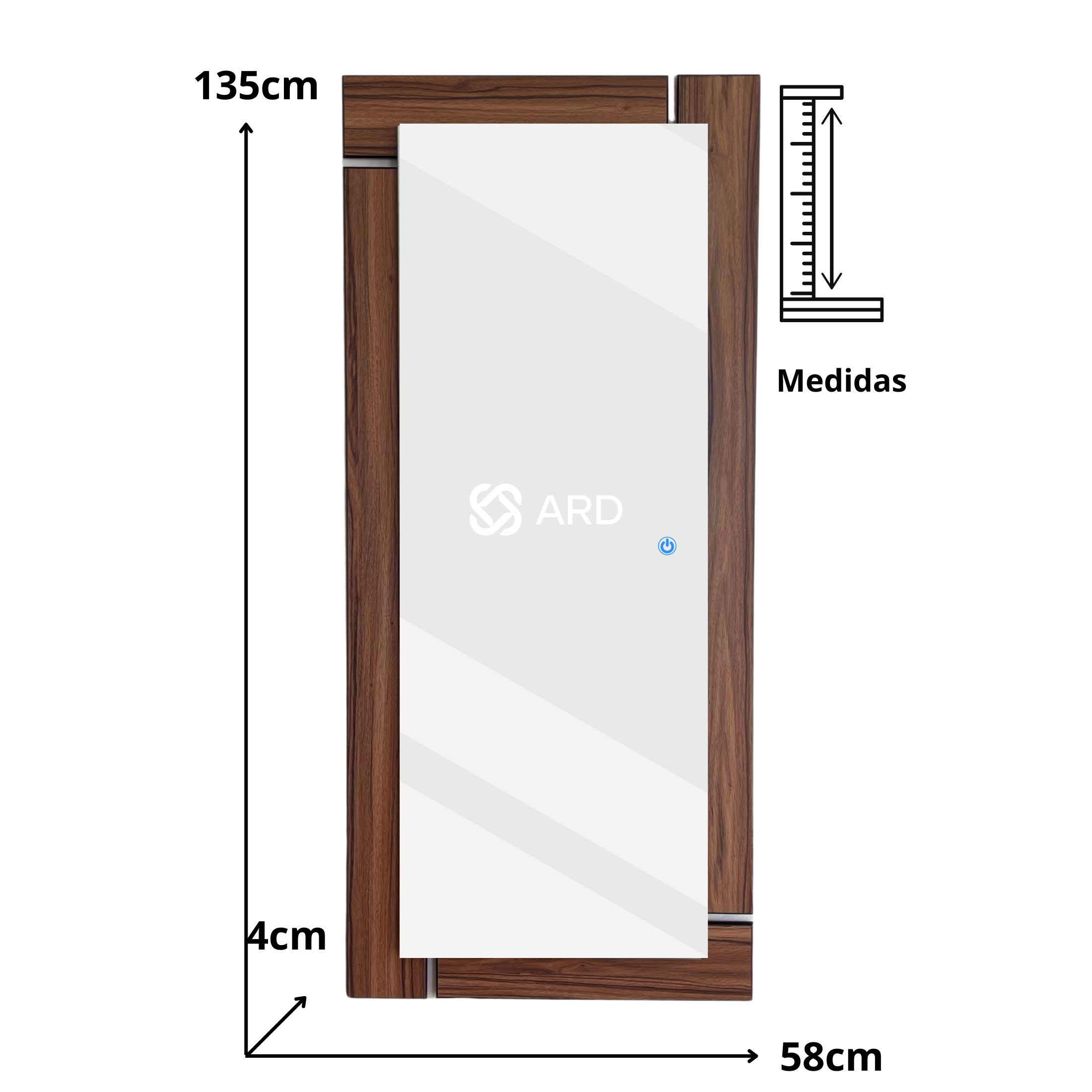 Espejo decorativo con luz LED y marco de madera 135x58 cm | ARD Isometrico