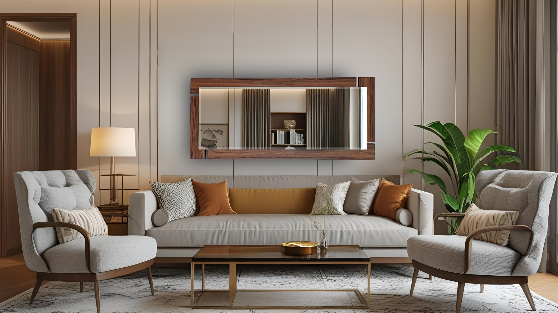 Espejo decorativo de pared ARD Glanz Oak 138 x 55 instalado en sala moderna nordica