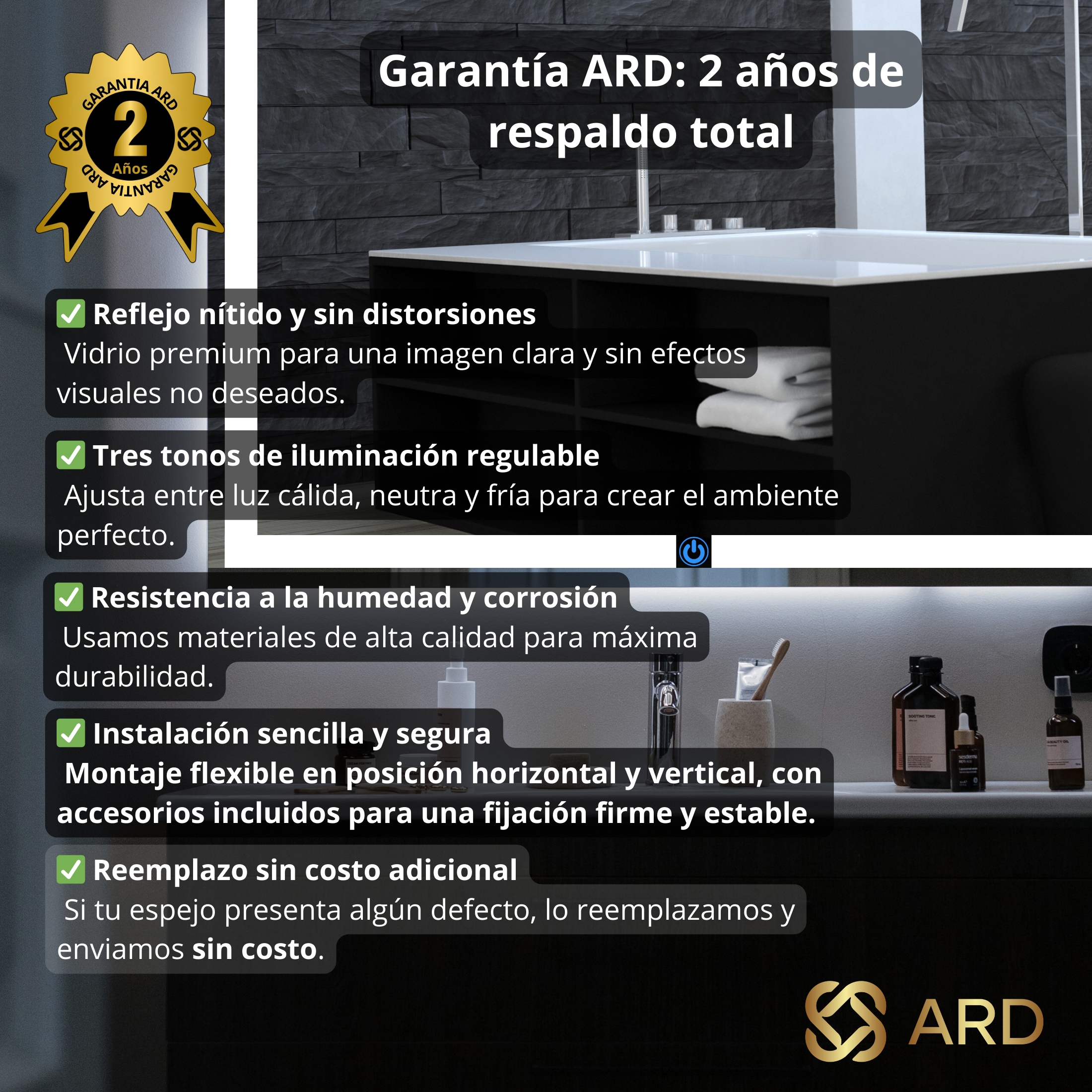 Espejo decorativo de pared con luz LED irregular 90x52 cm | ARD Garantia