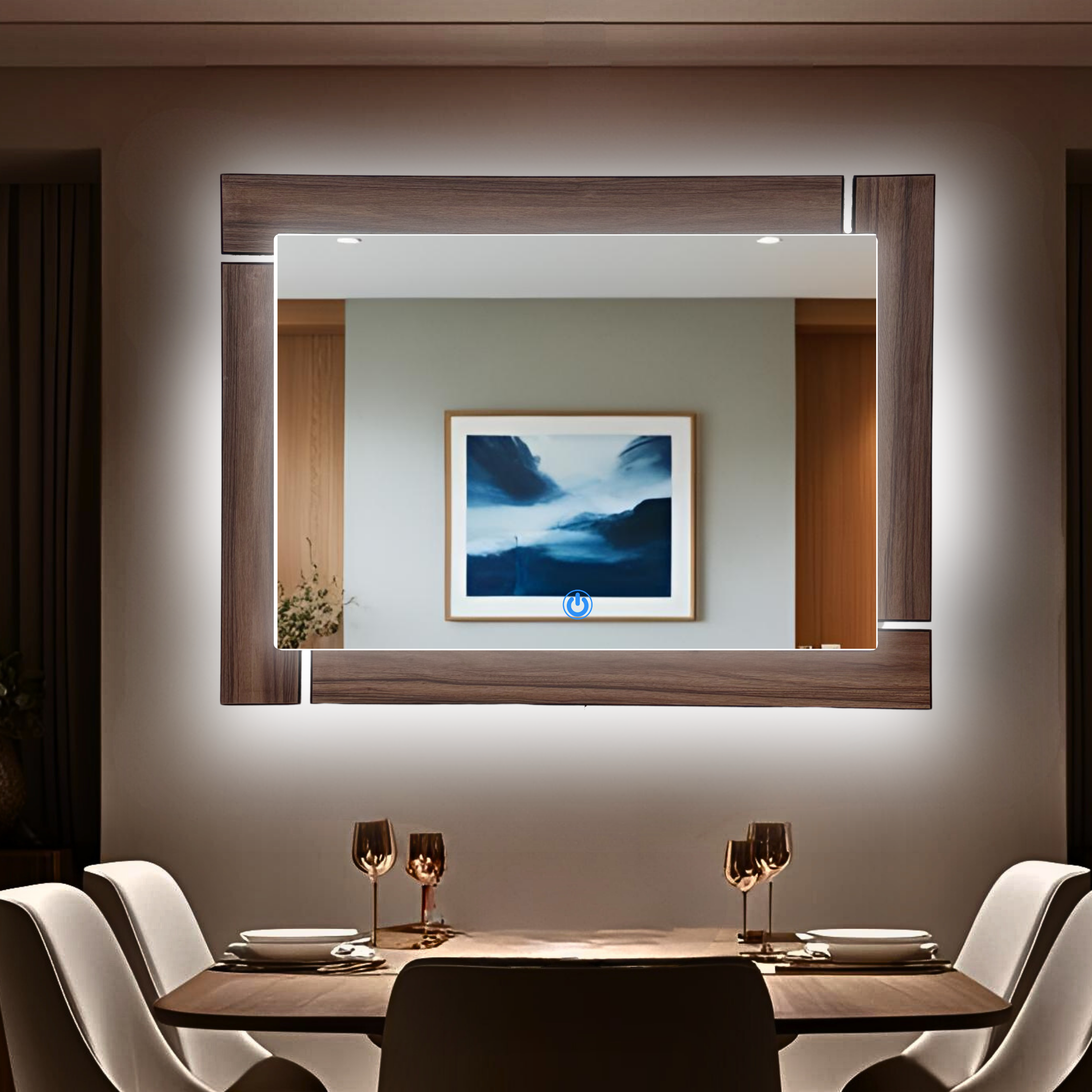 Espejo decorativo de pared con luz led de madera Luminous OAK en comedor elegante