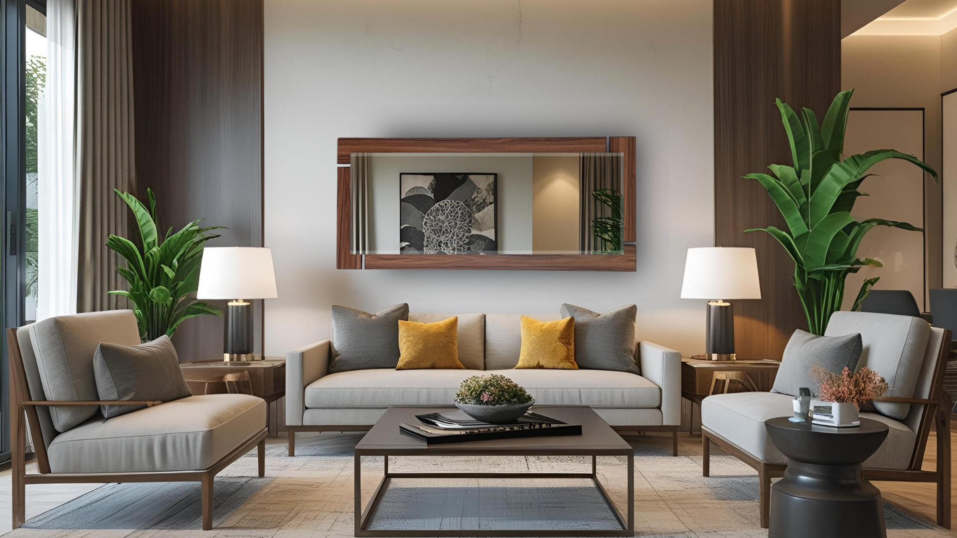 Espejo decorativo de pared de madera ARD Glanz Oak en recamara amplia moderna de lujo