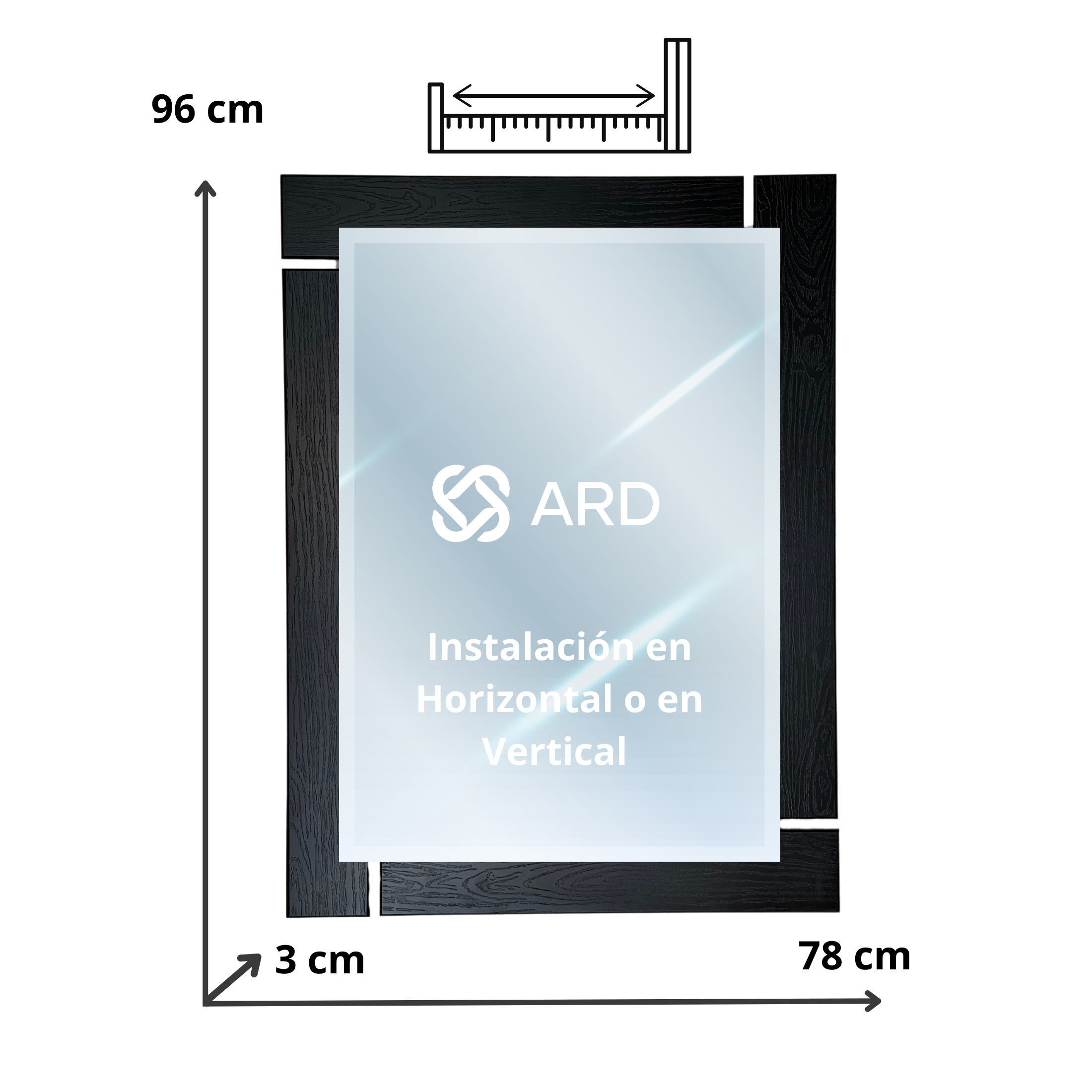 Espejo decorativo pared 96x78 cm marco negro | ARD isometrico
