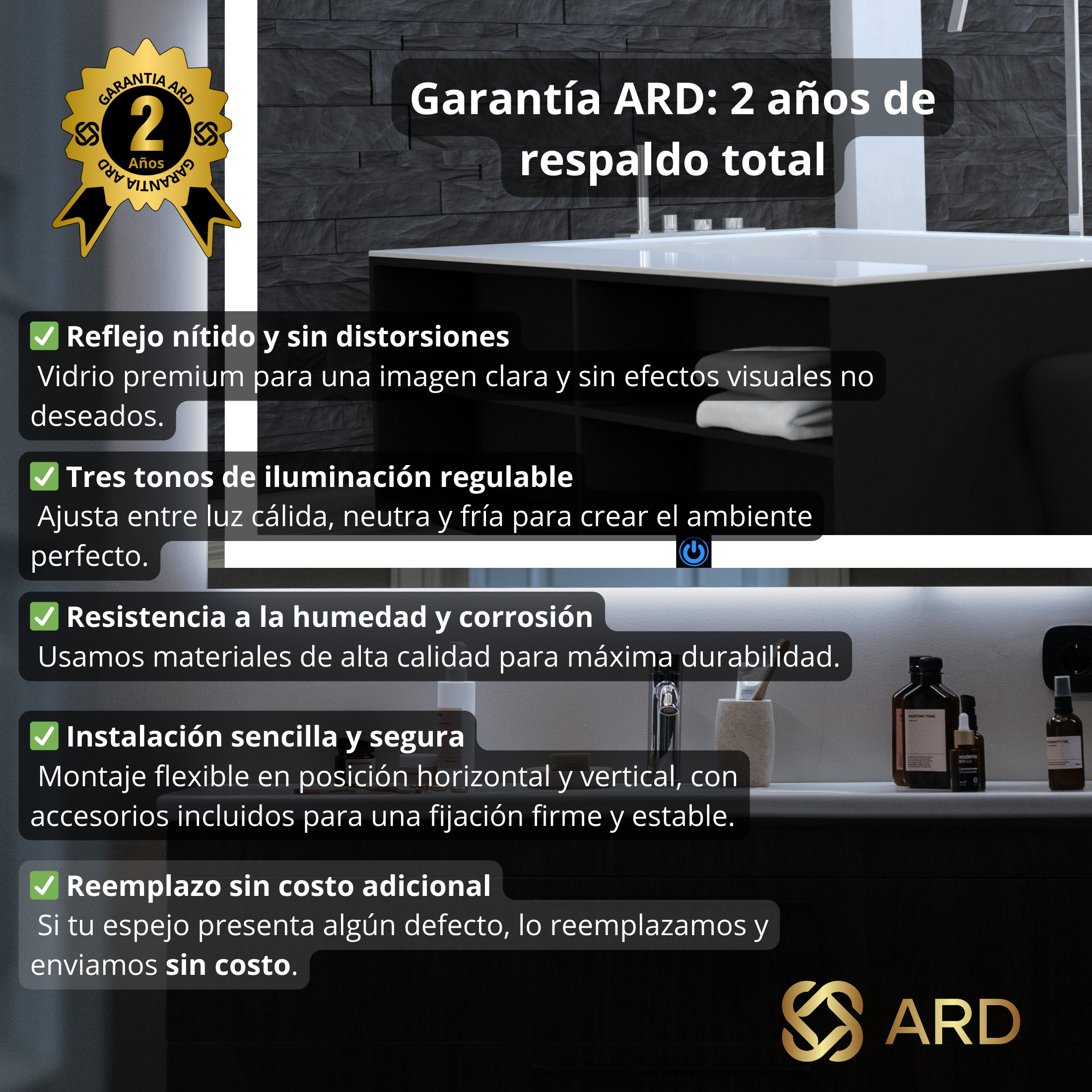 Espejo para baño con luz LED 120x90 cm | Glanz Prestige ARD Garantia