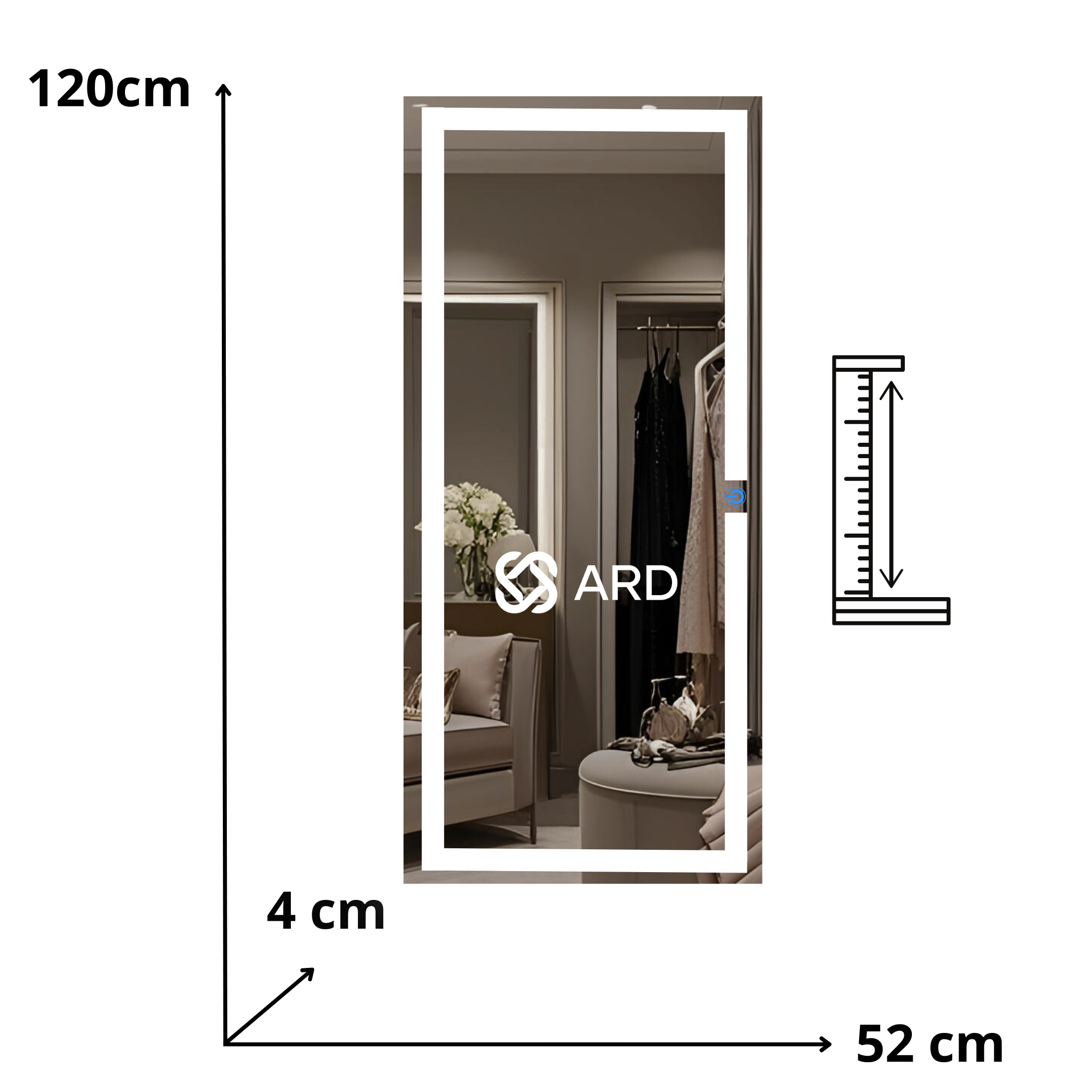 Espejo para baño con luz LED rectangular 120x52 cm encendido touch ARD Isometrico