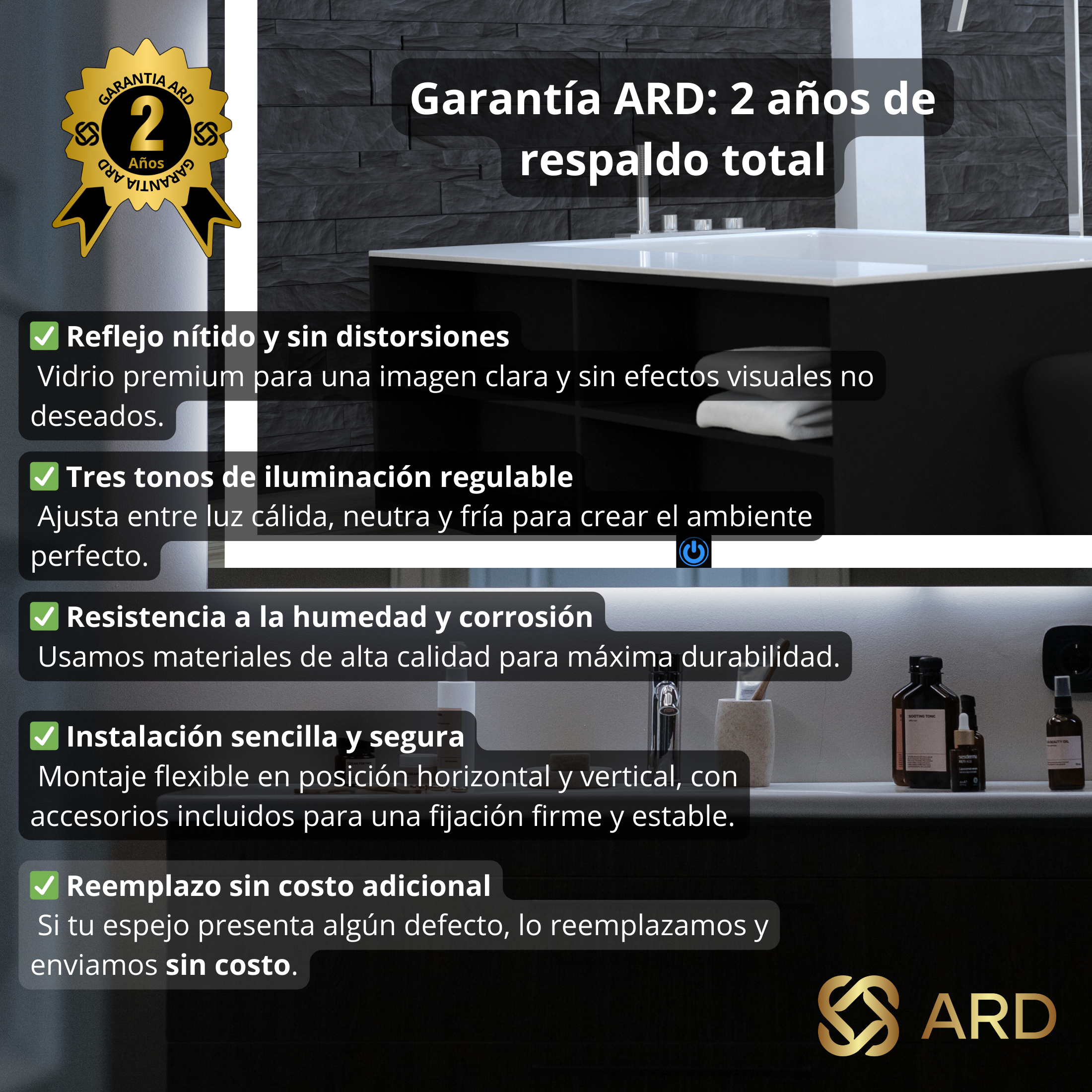 Espejo para baño con luz LED rectangular 78x60 cm modelo Glanz Luminous Glass ARD con encendido touch