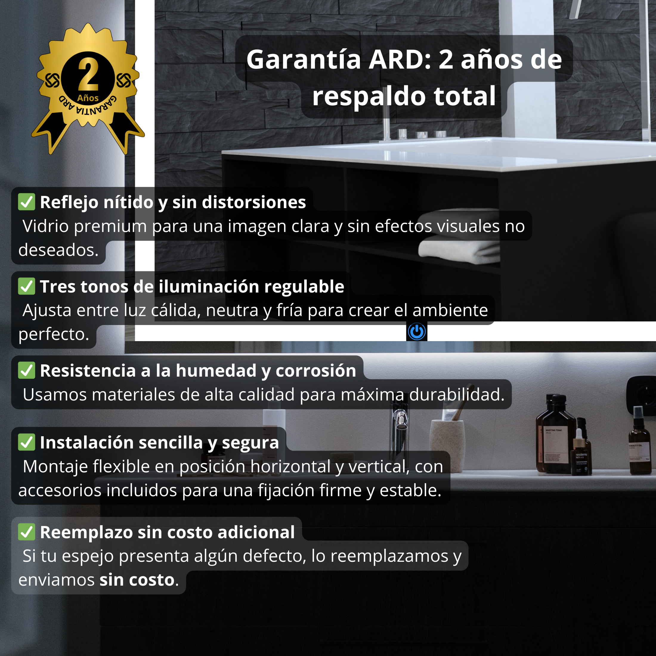 Espejo para baño con luz LED redondo 90 cm encendido touch | Glanz Halo ARD Garantia