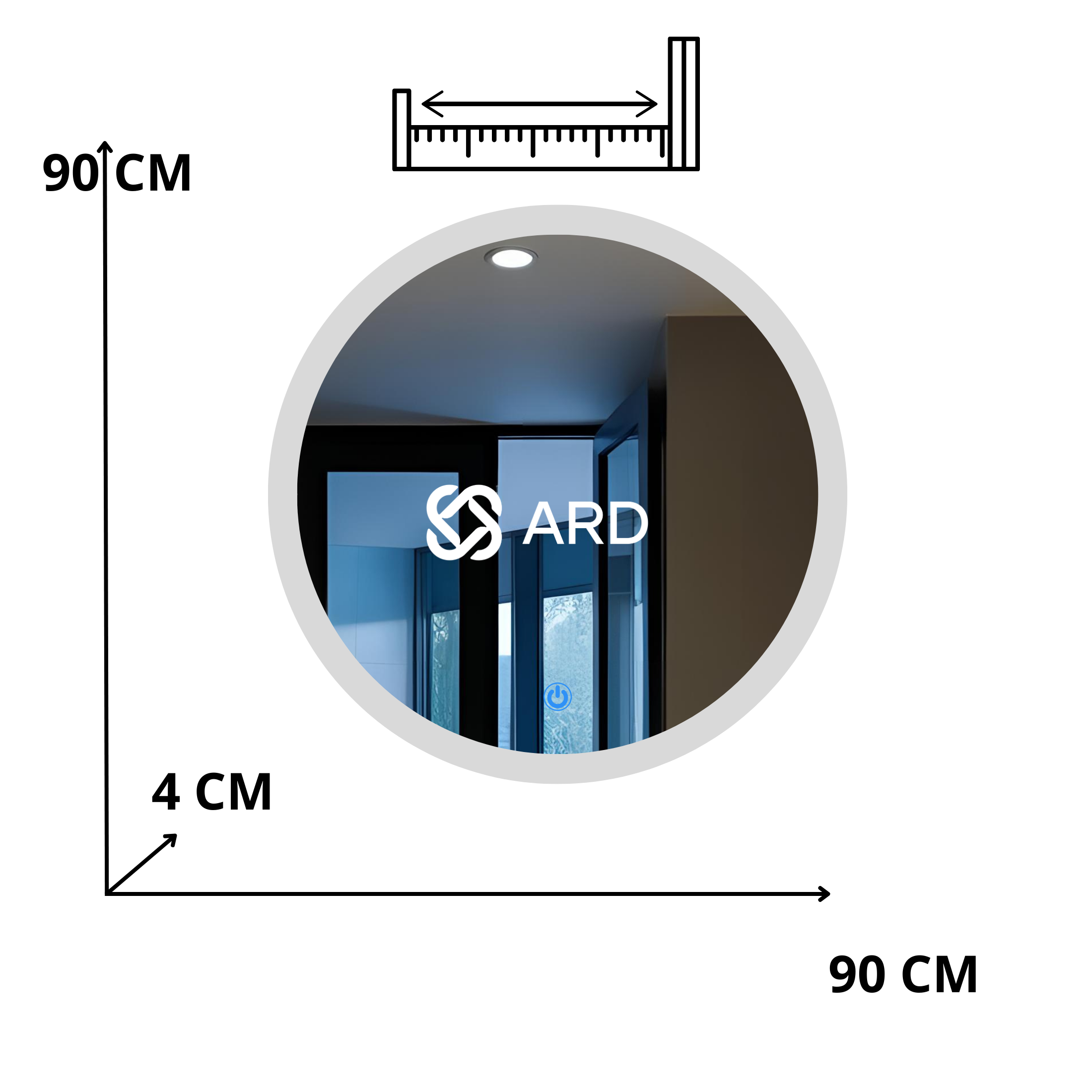 Espejo para baño con luz LED redondo 90 cm encendido touch | Glanz Halo ARD isometrico