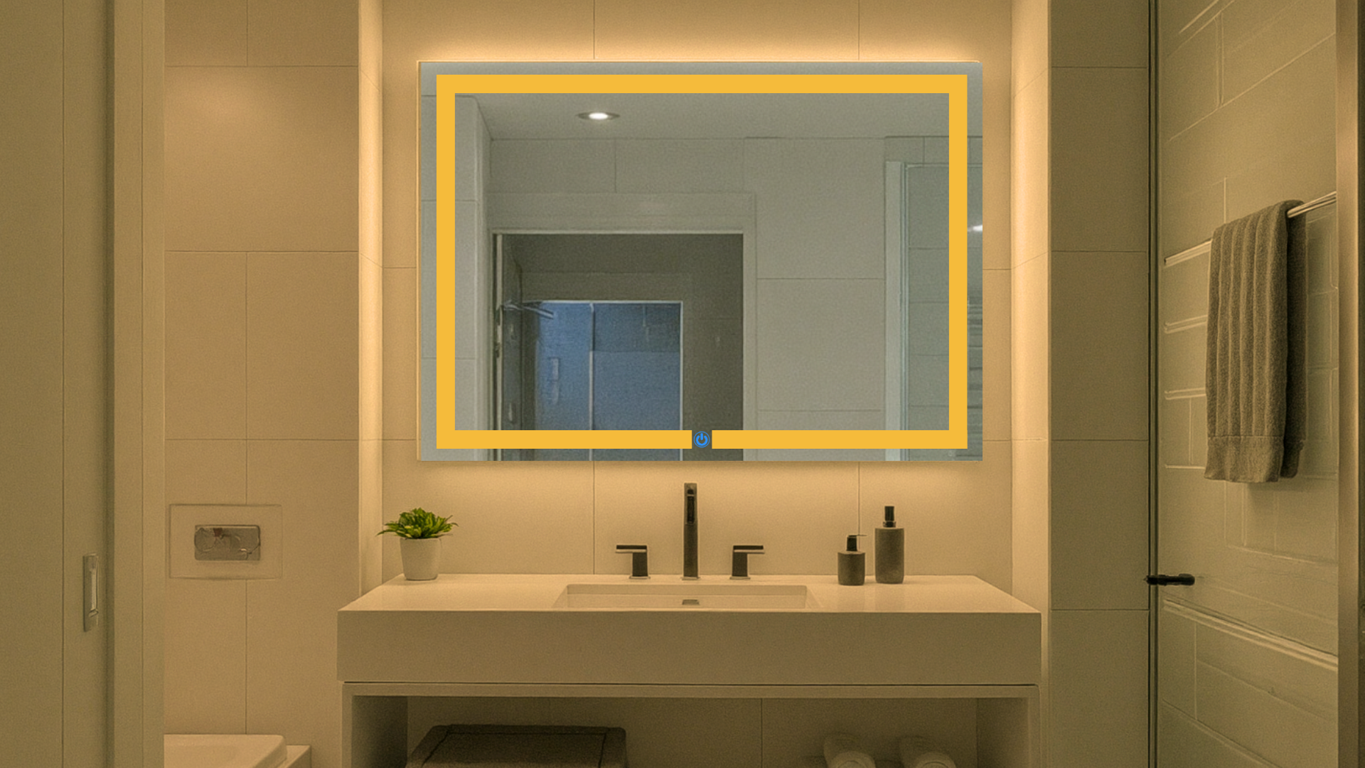 Espejo para baño con luz led ARD modelo prestige 90 x 120 en baño moderno con luz calida