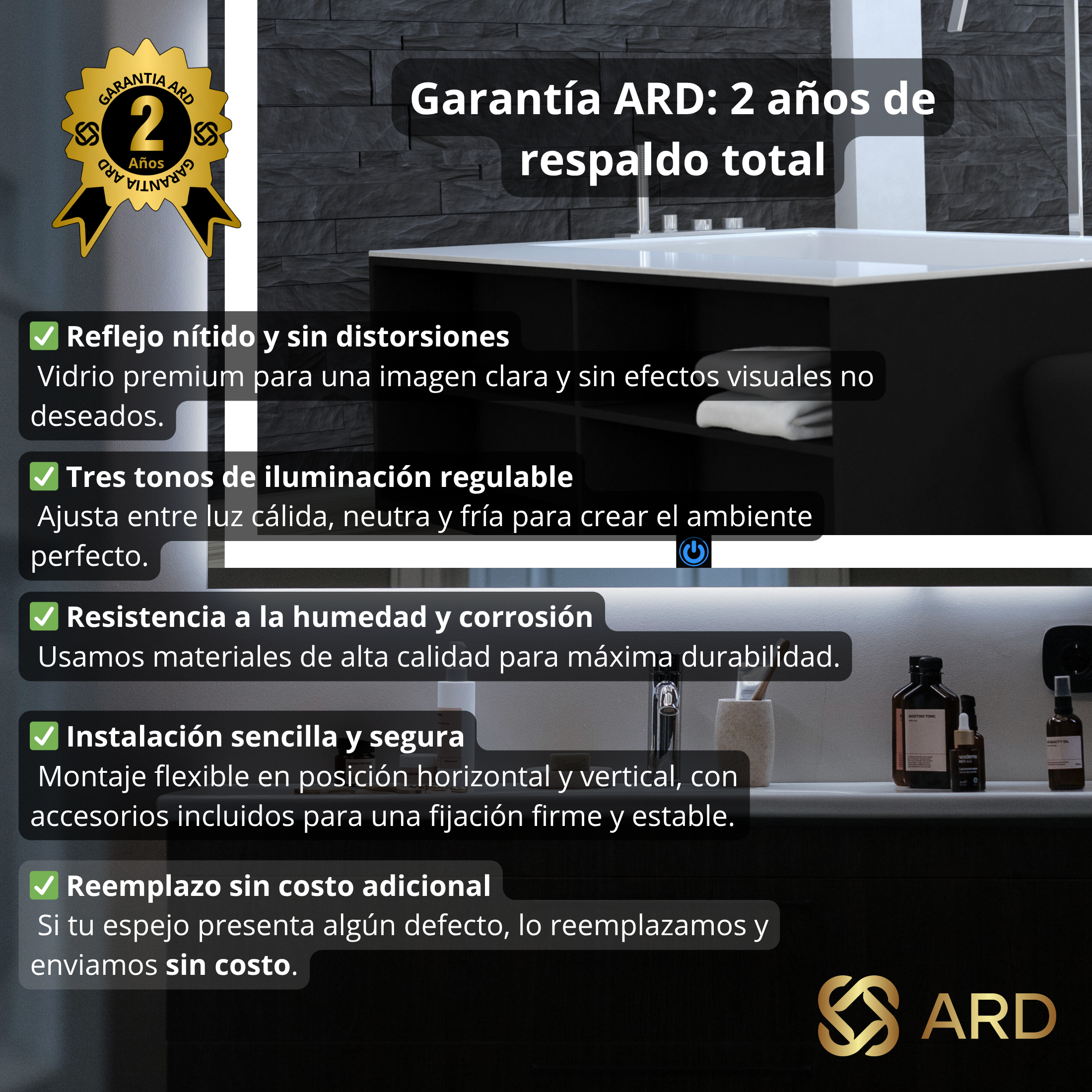 Espejo para baño con luz LED redondo 60 cm encendido touch | Glanz HaloGlow ARD