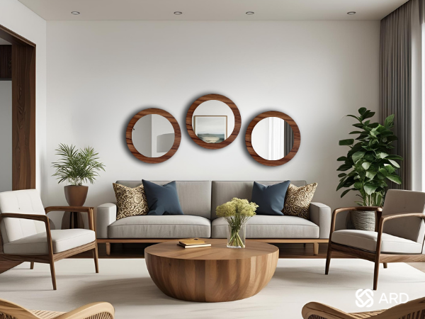 Set de 3 espejos decorativos de pared ARD Glanz Oak de 43 cm en sala acogedora