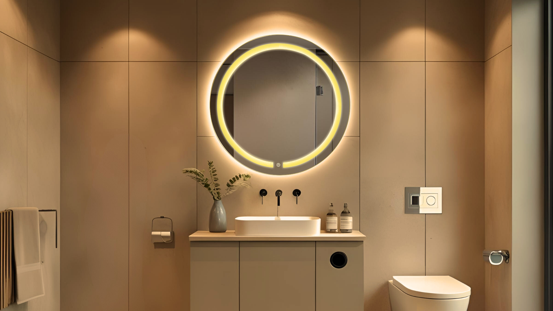baño con espejo led touch redondo ARD modelo haloglow 60 cm diametro en baño de lujo minimalista