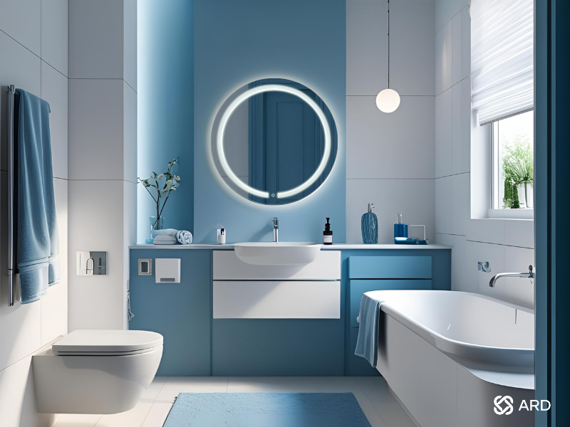 espejo ARD pára baño con luz led en baño minimalista moderno con muebles de lujo