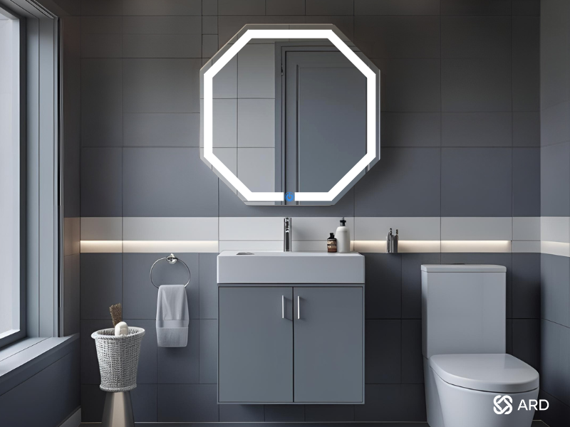 espejo led touch para baño octagonal ARD medias 60 x 60 cm en baño gris minimalista