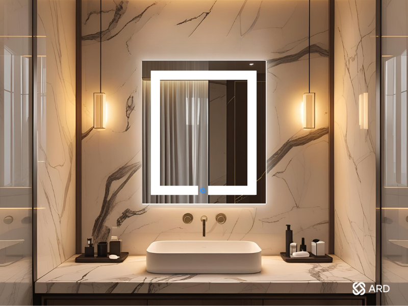 espejo led touch rectangular ARD medidas 60 x 52 en baño moderno con terminados en marmol de lujo