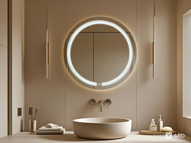 Espejo para baño con luz led ARD haloglow diametro 60 centimetros en baño minimalista