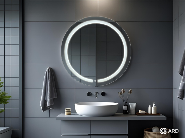 espejo redondo de baño con luz led ARD 60 cm en baño minimalista en tonos grises
