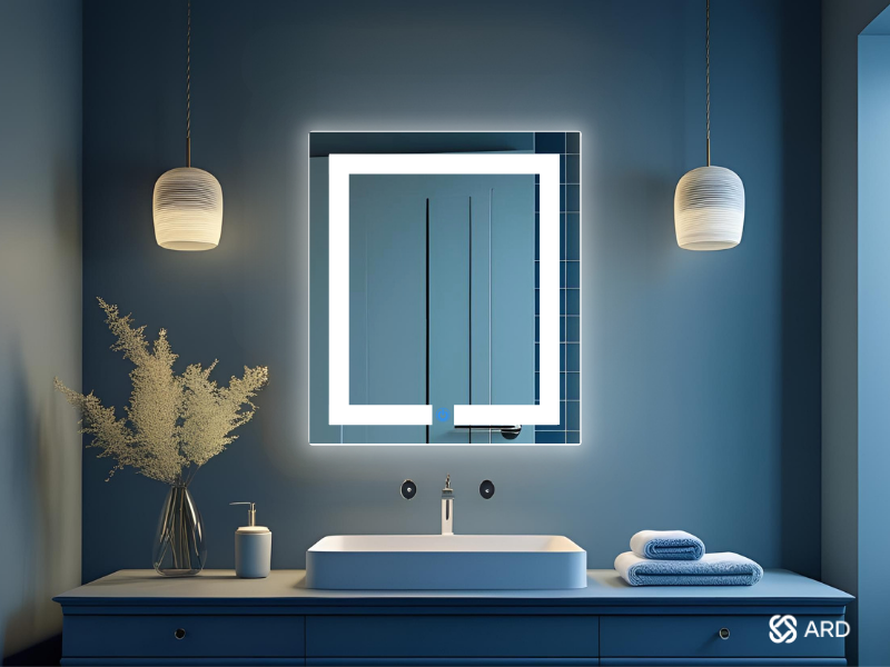 espejo touch led para baño ARD medidas 60 x 52 en baño moderno con tonos azules