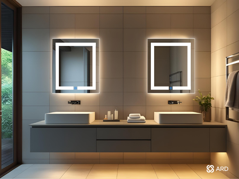 espejos led para baño con encendido touch en baño grande con dos lavabos de lujo modernos