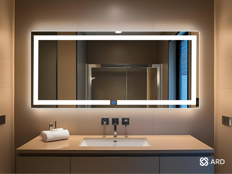 Espejo para baño con luz led ARD Glanz luminous glass 52 x 120 en baño moderno con luz fria perimetral