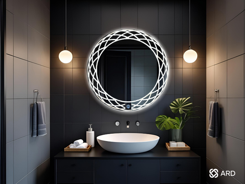 Espejo touch led para baño ARD Modelo Mirage 60 cm en baño elegante en tonos oscuros