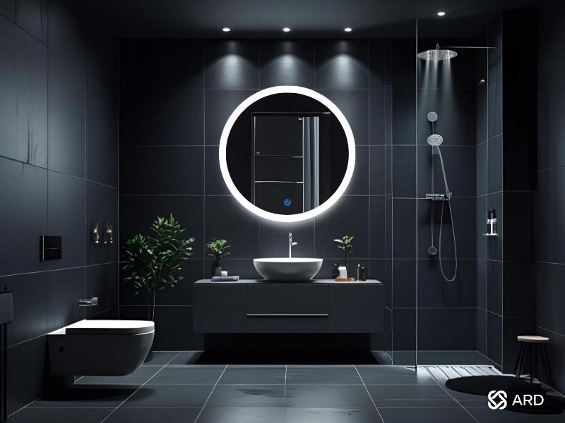 Espejo con luz para baño ARD Halo 90 cm en baño de hotel de lujo tonos negros