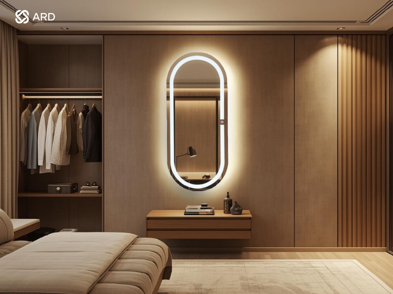 Espejo ARD de cuerpo completo con encendido touch modelo oval elegance en habitación de hotel de lujo