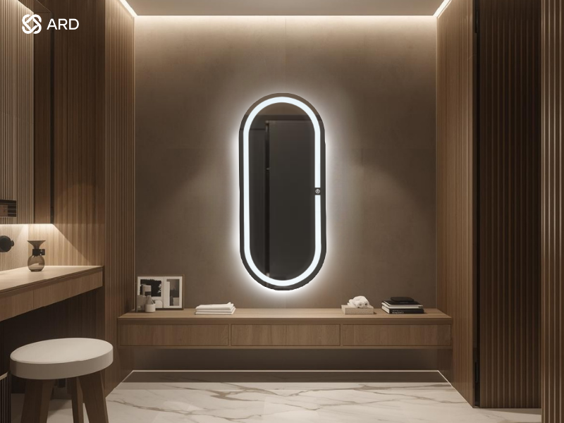 Espejo ARD de cuerpo completo con encendido touch modelo oval elegance en vestidor de lujo