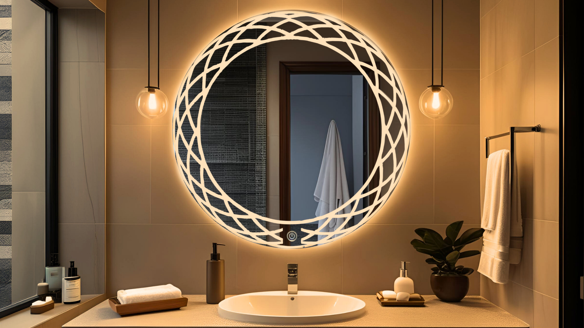 Espejo led touch ARD Modelo Mirage 60 cm en baño moderno de lujo con luz calida