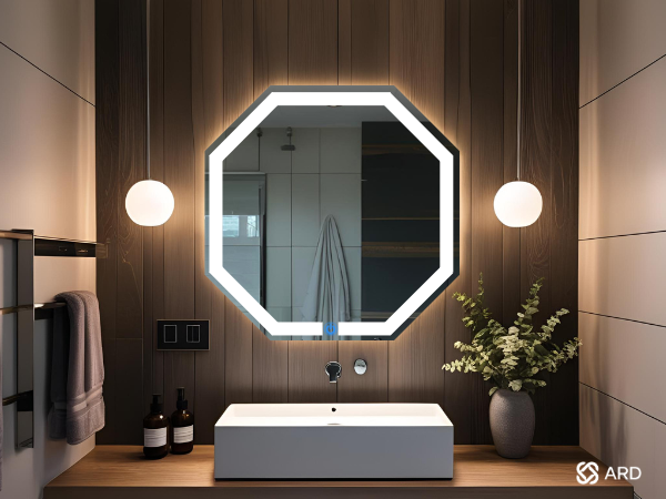 Espéjo para baño touch led octagonal ARD medidas 60 x 60 cm en baño vista frontal en baño de lujo 