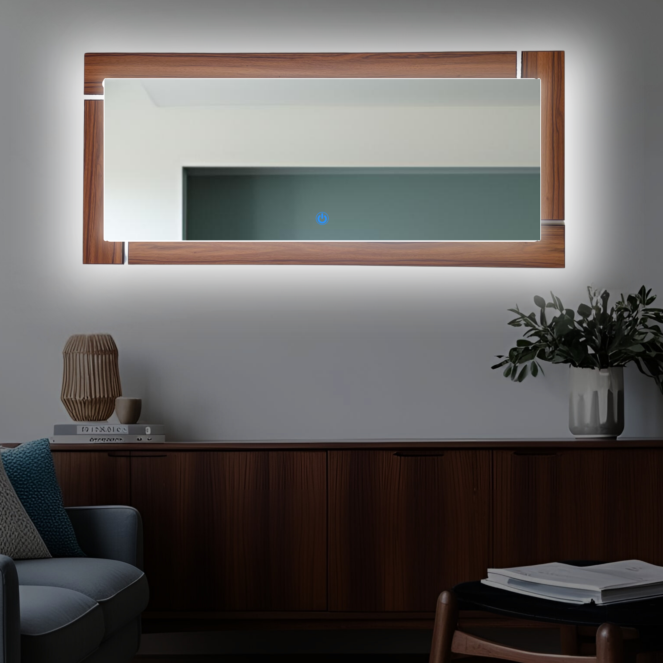 Espejo decorativo con luz LED y marco de madera 135x58 cm | ARD 