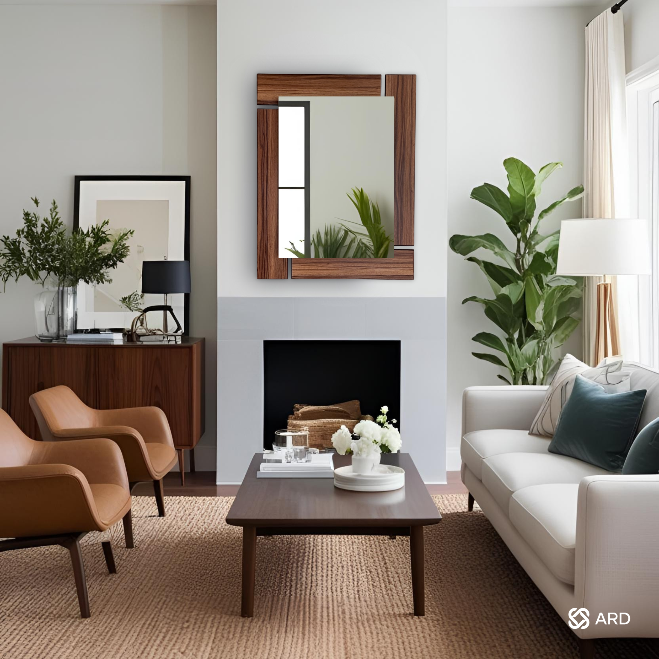 Espejo decorativo de pared de madera ARD glanz oak 78 x 60 en sala de lujo