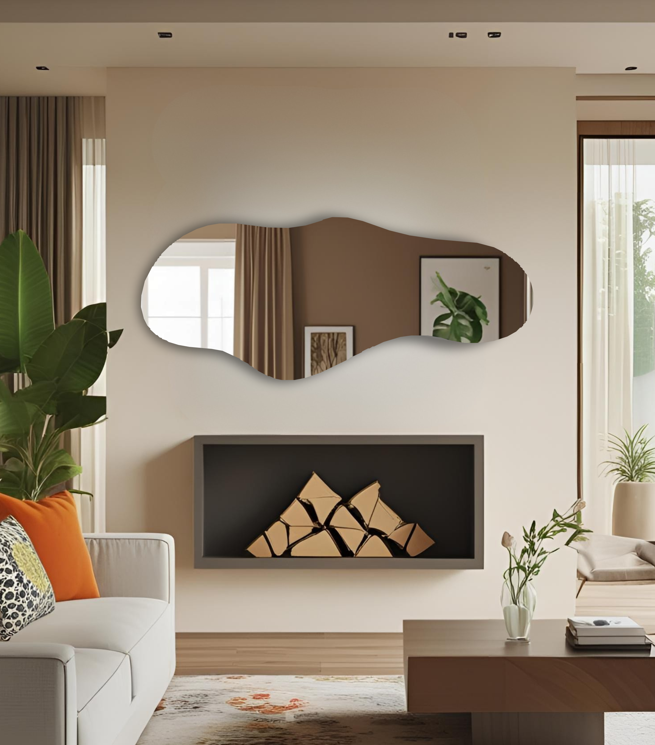 Espejo decorativo de pared irregular Glanz Cloud 55 x 120 en sala moderna de lujo