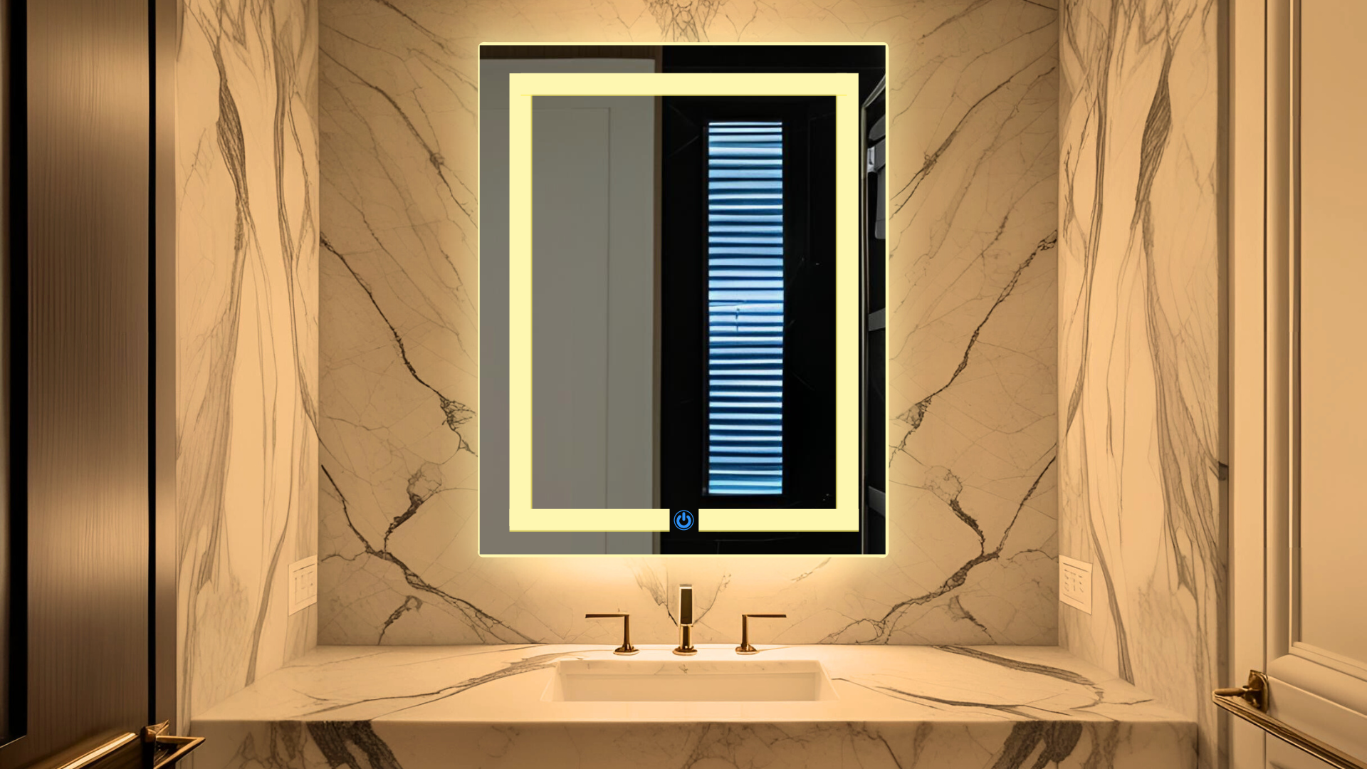 espejo led touch ARD medidas 78 x 60 con luz calida en baño de lujo de marmol