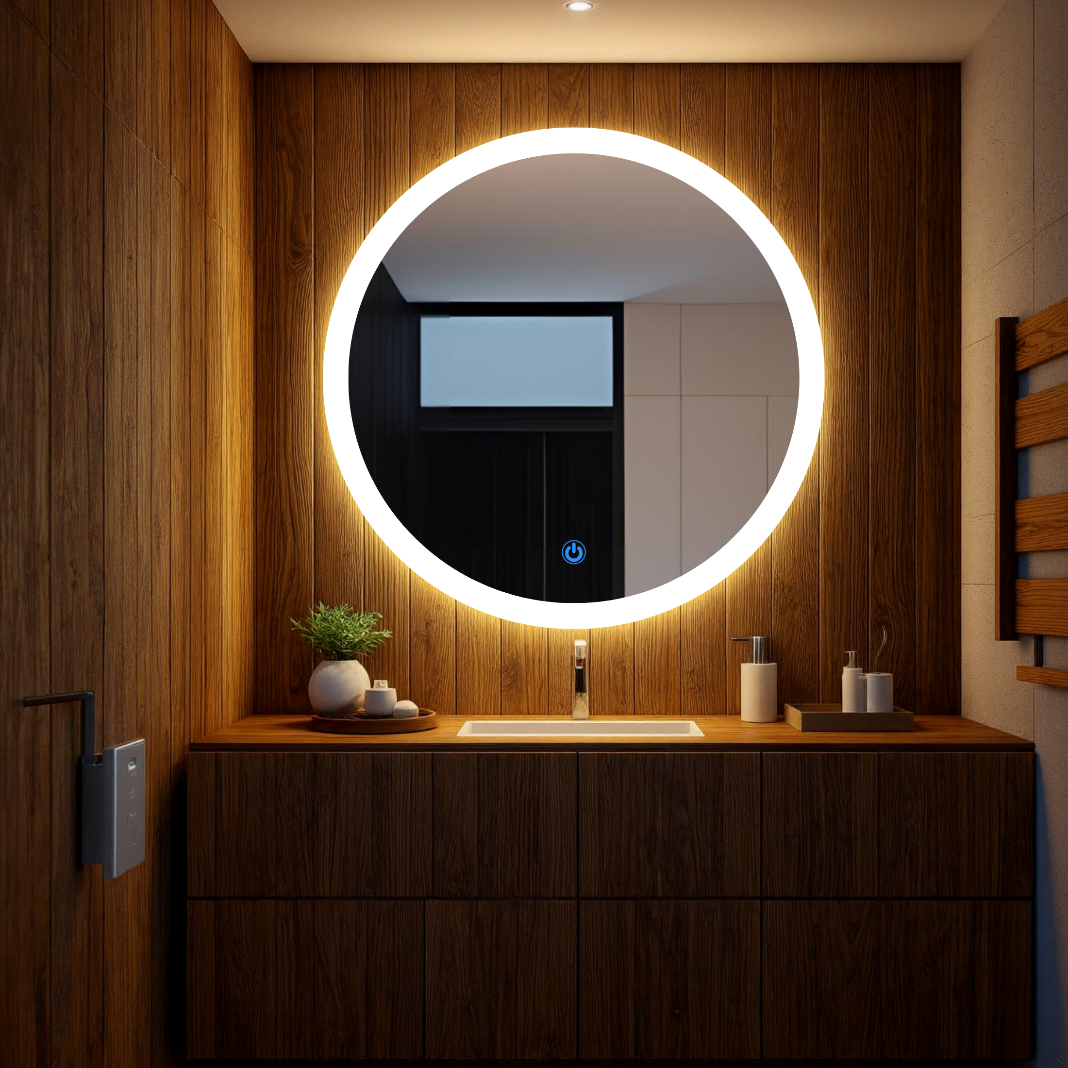 Espejo para baño con luz led ARD Glanz Halo 90 cm en baño de madera luz fria