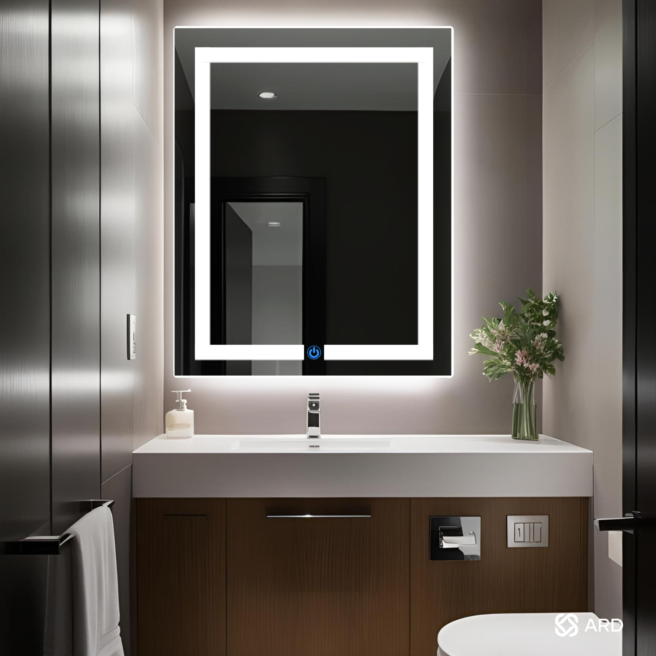 Espejo para baño con luz led ARD Glanz luminous glass 78 x 60 en baño minimalista elegante