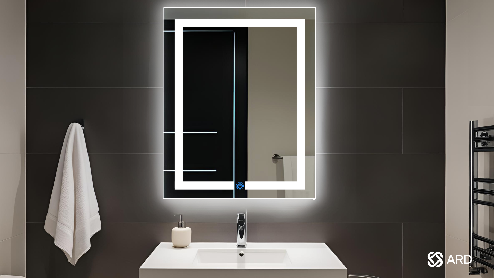 Espejo touch con luz led ARD glanz luminous Glass 78 x 60 en baño moderno de lujo minimalista 